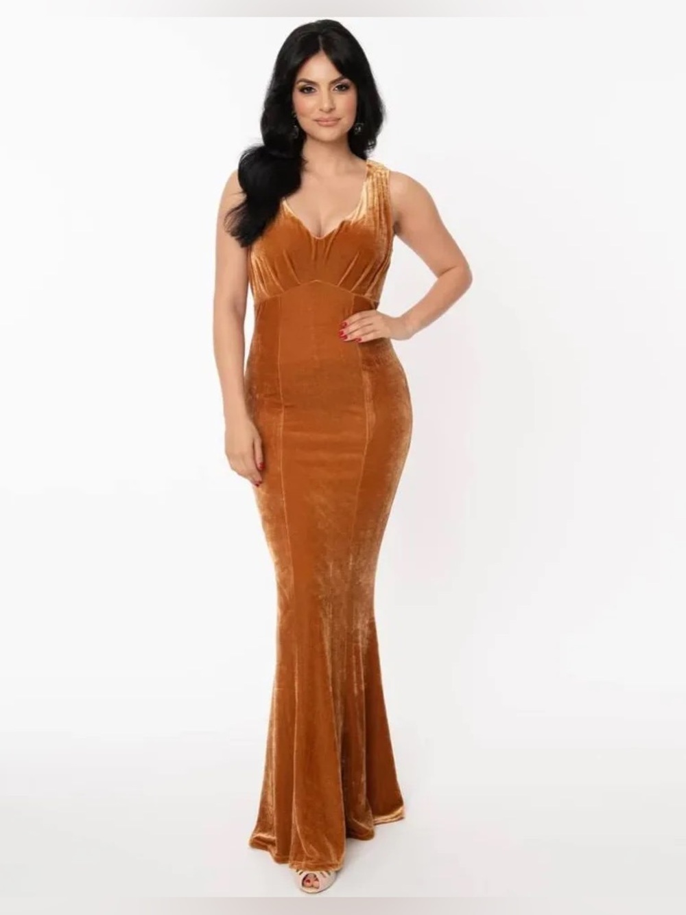 Unique Vintage Rust Gold Maxi Dress L 10/12 Formal Sleeveless Draped Back Retro